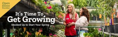 Open Easter Sunday. It is time to get growing. Stocked up to start your spring. A Tractor Supply Company employee wearing a red vest stands in a greenhouse aisle smiling and talking with a customer beside a shopping cart filled with plants, surrounded by shelves of colorful flowers and hanging greenery.