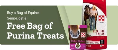 Buy a bag of Equine Senior, get a free bag of Purina treats. Purina Equine Senior horse feed bag shown next to a bag of Purina Nicker Makers horse treats on a green background.