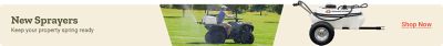 Tractor Supply Company promotion. New sprayers to keep your property spring ready. Image shows ATV mounted sprayer in use and tow behind Fimco sprayer. Shop Now.