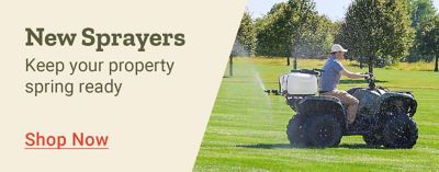 Tractor Supply Company promotion. New sprayers to keep your property spring ready. Image shows ATV mounted sprayer in use and tow behind Fimco sprayer. Shop Now.
