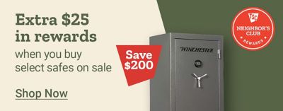 Tractor Supply Company Neighbor's Club promotion. Get an extra 25 dollars in rewards when you buy select safes on sale. Save 200 dollars on Winchester gun safe. Find a store.