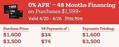 0 percent APR 48 months financing on purchases 1,599 dollars and up. Valid April 20th through April 26th. Shop now. Purchase price 1,600 dollars with 48 payments of 34 dollars totaling 1,600 dollars. Purchase price 3,500 dollars with 48 payments of 74 dollars totaling 3,500 dollars. Purchase price 4,500 dollars with 48 payments of 95 dollars totaling 4,500 dollars. Zero turn mower and utility vehicle displayed with Tractor Supply Company credit cards.