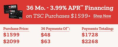 Buy now pay over time. Thirty six month three point nine nine percent APR financing on Tractor Supply Co. purchases 1,599 dollars or more. Purchase price 1,599 dollars with payments of 48 dollars totaling 1,728 dollars. Purchase price 2,099 dollars with payments of 63 dollars totaling 2,268 dollars. Purchase price 3,999 dollars with payments of 119 dollars totaling 4,284 dollars. A promotional banner featuring outdoor equipment and a financing breakdown chart.