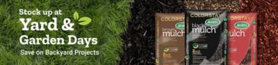 Stock up at Yard and Garden Days. Save on backyard projects. A promotional banner featuring Scotts ColorStay mulch bags in brown, black, and red displayed against grass and mulch backgrounds.
