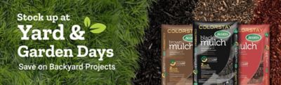 Stock up at Yard and Garden Days. Save on backyard projects. A promotional banner featuring Scotts ColorStay mulch bags in brown, black, and red displayed against grass and mulch backgrounds.