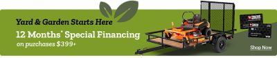 Yard and garden starts here. Twelve months financing on purchases 399 dollars or more. Shop Now. A promotional banner featuring the Tractor Supply Co. credit card.