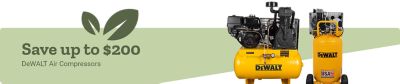 Save up to 200 dollars on DeWALT air compressors. A promotional banner featuring yellow DeWALT air compressors displayed against a green background.