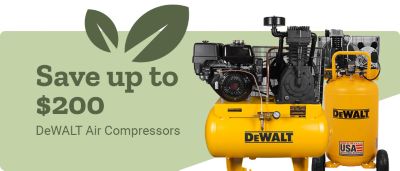 Save up to 200 dollars on DeWALT air compressors. A promotional banner featuring yellow DeWALT air compressors displayed against a green background.