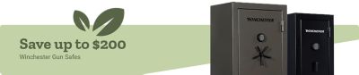 Save up to 200 dollars on Winchester gun safes. A promotional banner featuring two Winchester gun safes in gray and black displayed against a green background.