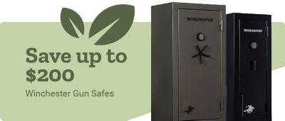 Save up to 200 dollars on Winchester gun safes. A promotional banner featuring two Winchester gun safes in gray and black displayed against a green background.