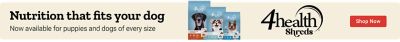 Nutrition that fits your dog. Now available for puppies and dogs of every size. Shop now. 4health Shreds dog food bags shown for large breed, puppy, and small breed formulas featuring different dogs on the packaging.