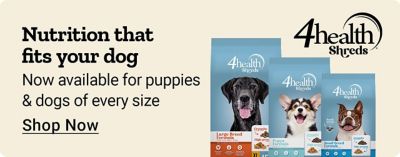 Nutrition that fits your dog. Now available for puppies and dogs of every size. Shop now. 4health Shreds dog food bags shown for large breed, puppy, and small breed formulas featuring different dogs on the packaging.