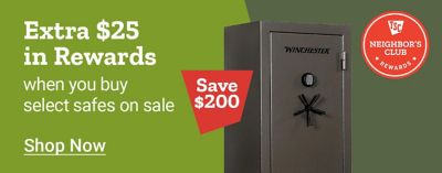 Extra 25 dollars in rewards when you buy select safes on sale. Save 200 dollars. Shop now. Winchester gun safe displayed with Tractor Supply Company Neighbor's Club Rewards badge.