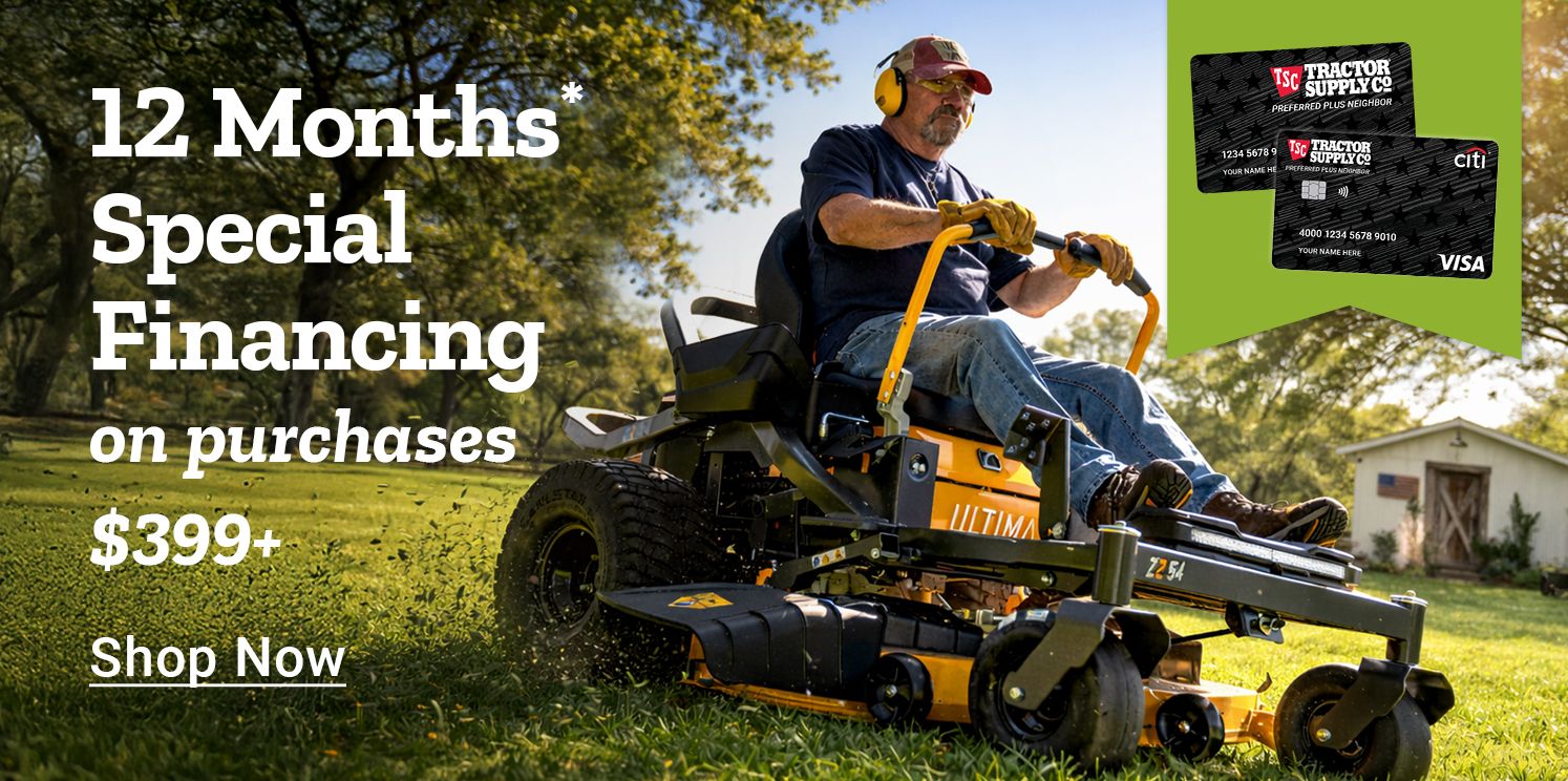 12 months financing on purchases 399 dollars and up. Shop now. A man wearing hearing protection and gloves rides a Cub Cadet Ultima zero turn mower cutting grass in a yard, with Tractor Supply Company credit cards displayed in the corner.