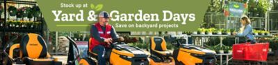 Stock up at Yard & Garden Days promotion banner featuring a man riding a Cub Cadet lawn mower in a garden center, with additional riding mowers on display, plants and flowers in the background, and a shopper with a red cart browsing; text reads “Stock up at Yard & Garden Days – Save on backyard projects.