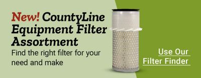 Tractor Supply Company promotion. New CountyLine equipment filter assortment. Find the right filter for your needs and use the filter finder tool. Image shows cylindrical equipment air filter.