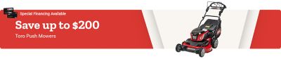 Special financing available. Save up to 200 dollars on Toro push mowers. Toro Personal Pace push mower displayed on a red and white background.