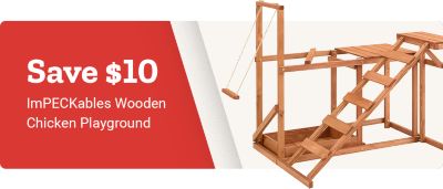 Save 10 dollars ImPECKables wooden chicken playground. Wooden chicken playground structure with ramps, platform, and hanging swing displayed on a red and white background.