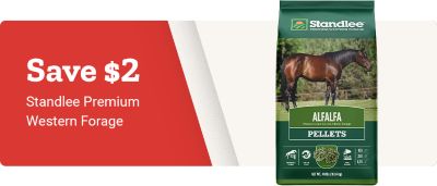 Save 2 dollars Standlee Premium Western Forage. Standlee Premium Western Forage alfalfa pellets bag with horse image displayed on a red and white background.
