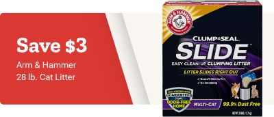 Save 3 dollars Arm and Hammer 28 pound cat litter. Arm and Hammer Clump and Seal Slide easy clean up clumping litter box displayed on a red and white background.