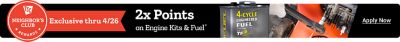 Tractor Supply Company Neighbor's Club exclusive promotion. Earn 2 times points on engine kits and fuel through April 26. Image shows 4 cycle engineered fuel container and lawn equipment parts. Apply Now.