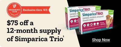 Tractor Supply Company Neighbor's Club exclusive promotion. Save 75 dollars off a 12 month supply of Simparica Trio dog flea and tick prevention. Offer valid through May 3. Image shows Simparica Trio chewable tablets boxes for dogs. Shop Now.