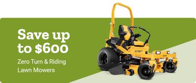 Promotion offering savings of up to $600 on zero-turn and riding lawn mowers, featuring a yellow zero-turn mower on a green background.