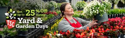 Yard & Garden Days promotion offering up to 25% off, featuring a store employee holding a hanging basket among colorful flowers, with text noting in-store-only availability for hanging baskets.