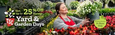 Yard & Garden Days promotion offering up to 25% off, featuring a store employee holding a hanging basket among colorful flowers, with text noting in-store-only availability for hanging baskets.