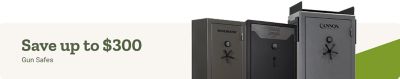 Promotion offering $200 savings on a Winchester 36-gun safe, featuring a tall gray gun safe on a neutral background.