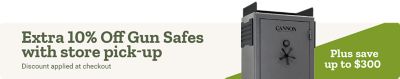 Promotion offering $200 savings on a Winchester 36-gun safe, featuring a tall gray gun safe on a neutral background.