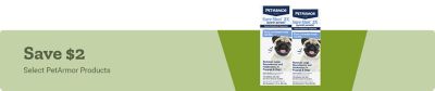 Promotion offering up to $5 off select PetArmor products, featuring PetArmor Plus flea and tick treatment boxes for dogs on a green background.