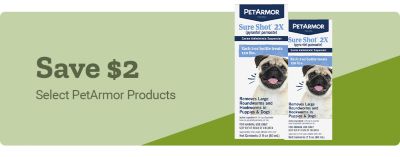 Promotion offering up to $5 off select PetArmor products, featuring PetArmor Plus flea and tick treatment boxes for dogs on a green background.