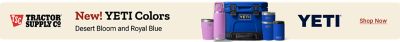 Tractor Supply Company. New YETI colors. Desert Bloom and Royal Blue. Shop now. YETI cooler, drinkware, and accessories displayed in pink and blue colors.