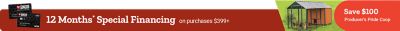 12 months special financing on purchases 399 dollars and up. Save 100 dollars Producer's Pride coop. Tractor Supply Company credit cards displayed next to a chicken coop with chickens inside.