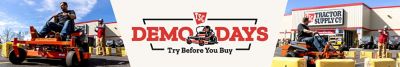 TSC Demo Days. Try Before You Buy. Test drive it. Finance it. Buy it. A promotional banner showing a customer riding a zero turn mower outside a Tractor Supply Co. store while a team member stands nearby.