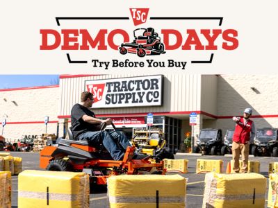 TSC Demo Days. Try Before You Buy. Test drive it. Finance it. Buy it. A promotional banner showing a customer riding a zero turn mower outside a Tractor Supply Co. store while a team member stands nearby.