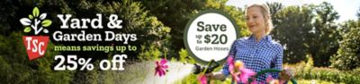 Yard & Garden Days promotion from Tractor Supply Co. featuring a woman watering flowers with a garden hose outdoors, with text “Yard & Garden Days means savings up to 25% off” and Save up to $20 on garden hoses.