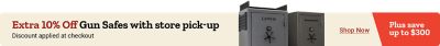 Tractor Supply Company promotion. Extra 10 percent off gun safes with store pickup plus save up to 300 dollars. Discount applied at checkout. Image shows Cannon gun safe. Shop Now.