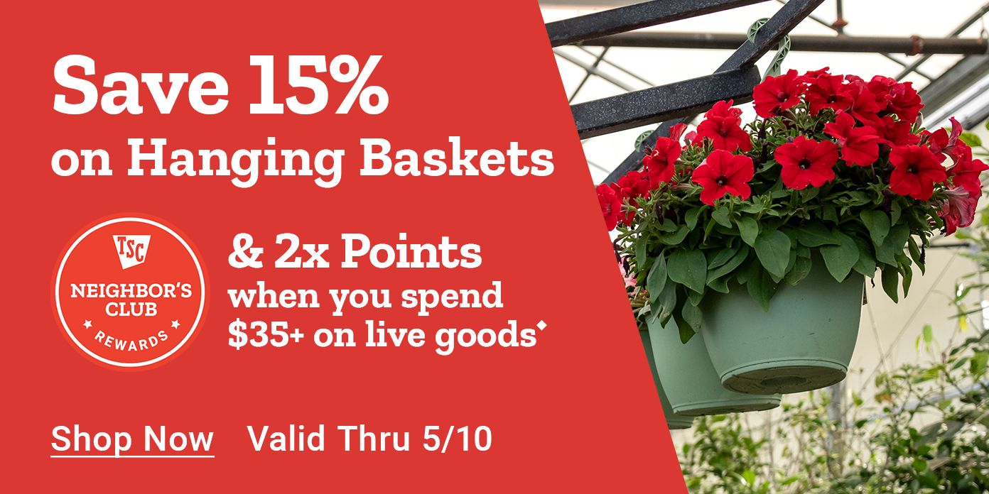 Tractor Supply Company Neighbor's Club promotion. Save 15 percent on hanging baskets and earn 2x points when you spend 35 dollars or more on live goods. Offer valid through May 10. Image shows red flowering hanging baskets in greenhouse. Shop Now.