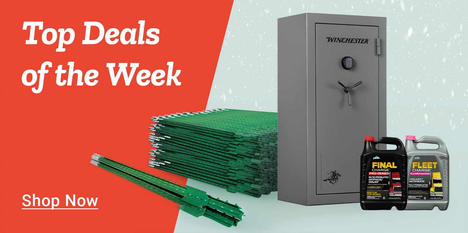 Wide promotional banner titled Top Deals of the Week. The left side features a bold red background with white text reading Top Deals of the Week and a Shop Now call to action. The right side shows product images on a light winter-themed background with falling snow, including a tall gray Winchester gun safe, stacks of green metal fence posts, and two automotive fluid containers labeled Final Charge Pro Series coolant and Fleet Charge coolant antifreeze. The layout highlights weekly sale items across tools, fencing, and automotive supplies.