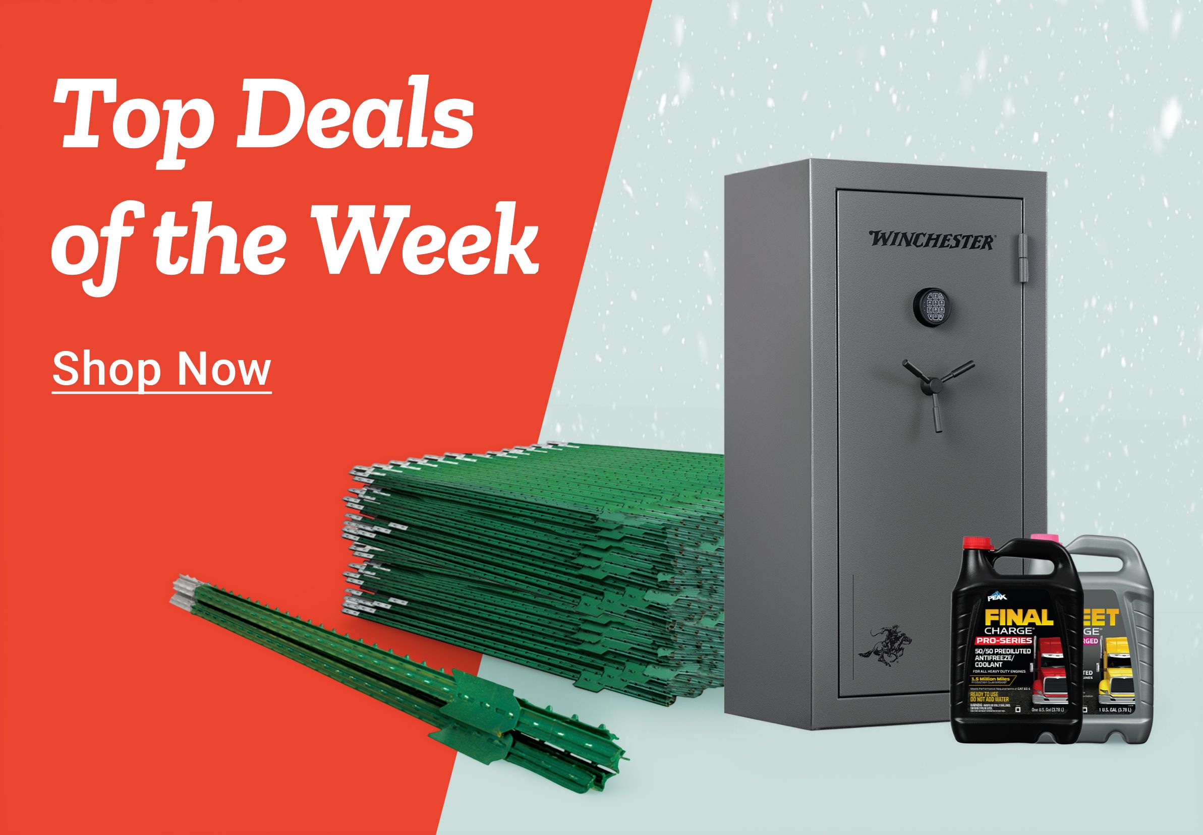 Wide promotional banner titled Top Deals of the Week. The left side features a bold red background with white text reading Top Deals of the Week and a Shop Now call to action. The right side shows product images on a light winter-themed background with falling snow, including a tall gray Winchester gun safe, stacks of green metal fence posts, and two automotive fluid containers labeled Final Charge Pro Series coolant and Fleet Charge coolant antifreeze. The layout highlights weekly sale items across tools, fencing, and automotive supplies.
