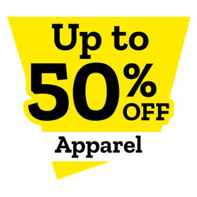 Promotional graphic with a bright yellow geometric background displaying bold black text that reads: Up to 50 percent off apparel. The design is simple and high contrast, emphasizing a retail clothing sale or discount promotion.