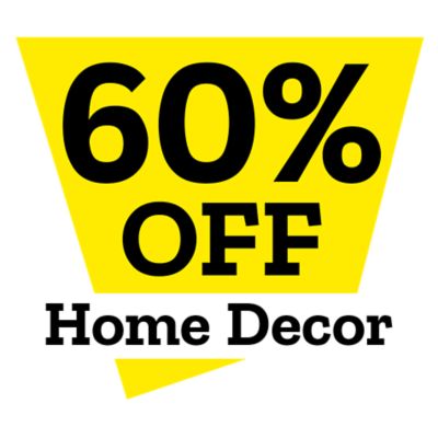 Promotional graphic with a bright yellow geometric background displaying bold black text that reads: 60 percent off home decor. The simple, high-contrast design emphasizes a discount on home decoration items.