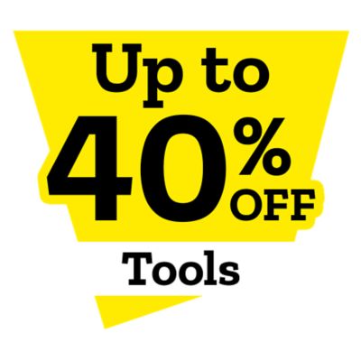 Promotional graphic with a bright yellow geometric background displaying bold black text that reads: Up to 40 percent off tools. The high-contrast design emphasizes a discount on tools and hardware items.
