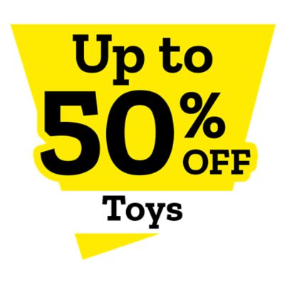 Promotional graphic with a bright yellow geometric background displaying bold black text that reads: Up to 50 percent off toys. The simple, high-contrast design highlights a discount on toys and children's items.