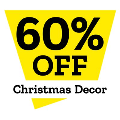 Promotional graphic with a bright yellow geometric background displaying bold black text that reads: 60 percent off Christmas decor. The simple, high-contrast design emphasizes a holiday decoration sale.