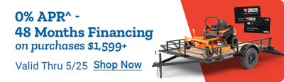 Promotional banner for Zero Turn Lawn Mowers. Offer text: Save up to $600. Additional text: 0%/48M FINANCING.