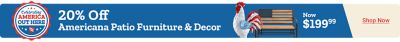 20 percent off Americana patio furniture and decor. Shop now. Celebrating America out here. Metal bench with American flag design and a decorative rooster statue displayed with a price of 199 dollars and 99 cents on a blue and beige background.