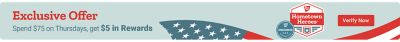 Exclusive offer. Spend 75 dollars on Thursdays, get 5 dollars in rewards. Verify now. Tractor Supply Company Hometown Heroes badge and Neighbor's Club Preferred Plus logo displayed with an American flag background.